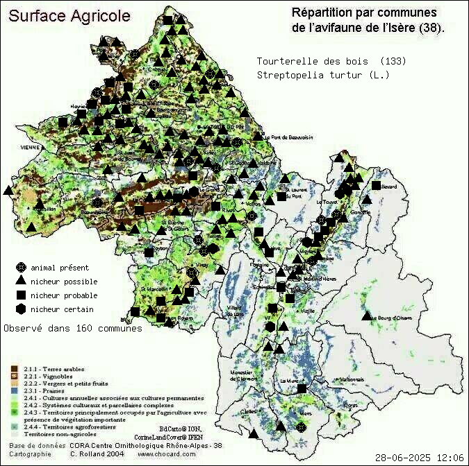Tourterelle des bois (Streptopelia turtur (L.)): carte de rpartition en Isre