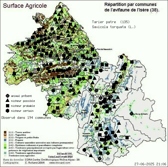 Tarier ptre (Saxicola torquata (L.)): carte de rpartition en Isre