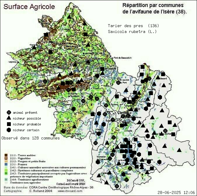 Tarier des prs (Saxicola rubetra (L.)): carte de rpartition en Isre