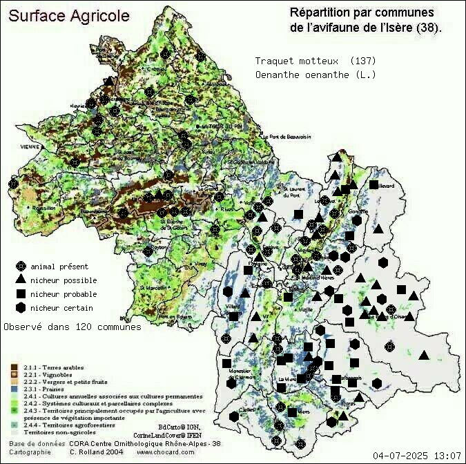Traquet motteux (Oenanthe oenanthe (L.)): carte de rpartition en Isre