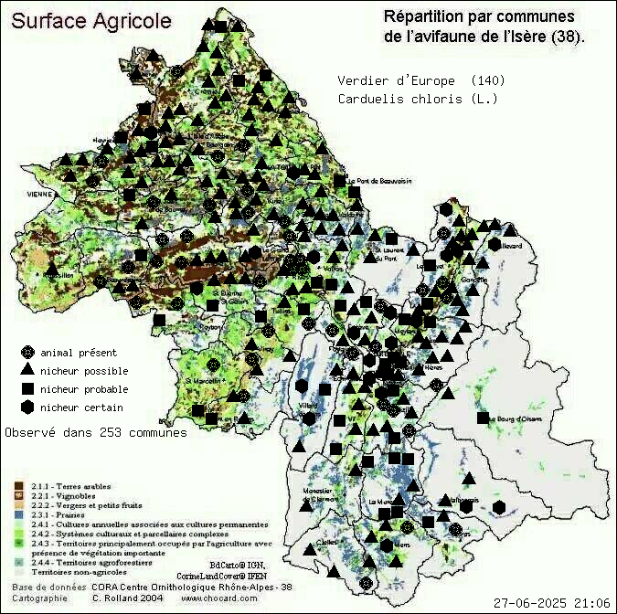 Verdier d Europe (Carduelis chloris (L.)): carte de rpartition en Isre