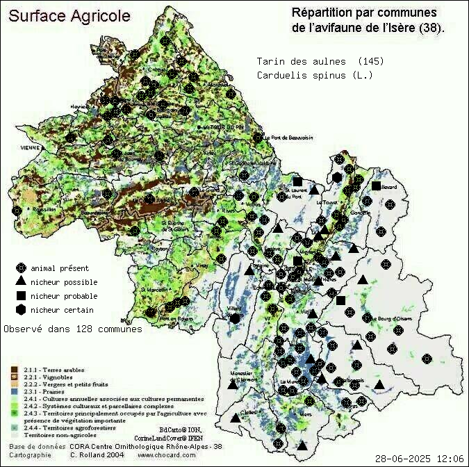 Tarin des aulnes (Carduelis spinus (L.)): carte de rpartition en Isre