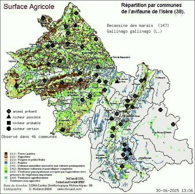 Carte de rpartition par communes en Isre d'une espce d'animal: Bcassine des marais (Gallinago gallinago (L.)) selon Agriculture