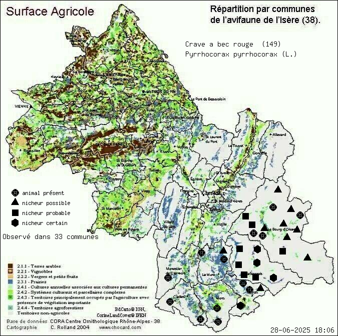 Crave  bec rouge (Pyrrhocorax pyrrhocorax (L.)): carte de rpartition en Isre