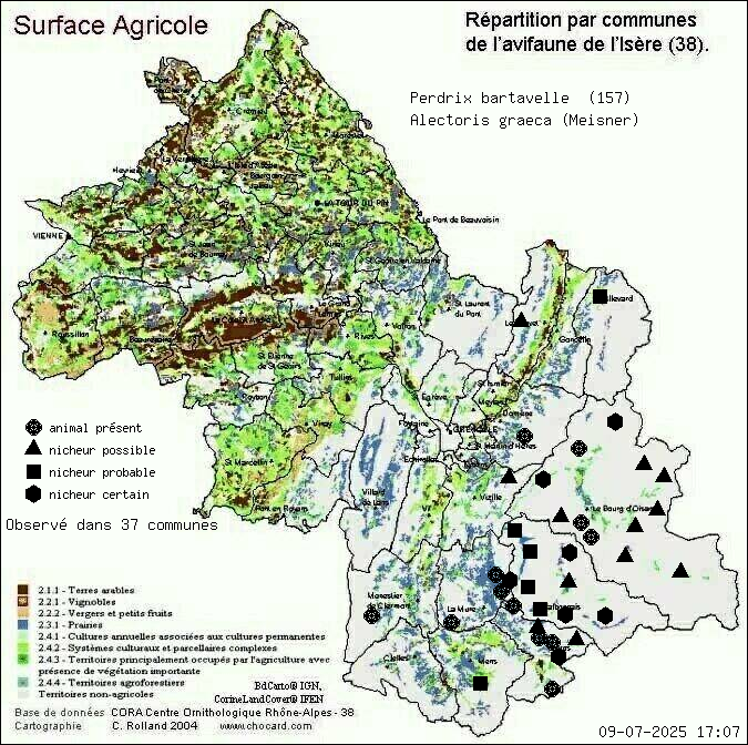 Perdrix bartavelle (Alectoris graeca (Meisner)): carte de rpartition en Isre