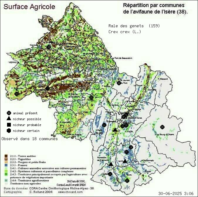 Rle des gents (Crex crex (L.)): carte de rpartition en Isre