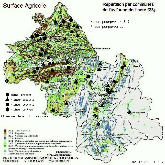 Carte de rpartition par communes en Isre d'une espce d'animal: Hron pourpr (Ardea purpurea L.) selon Agriculture