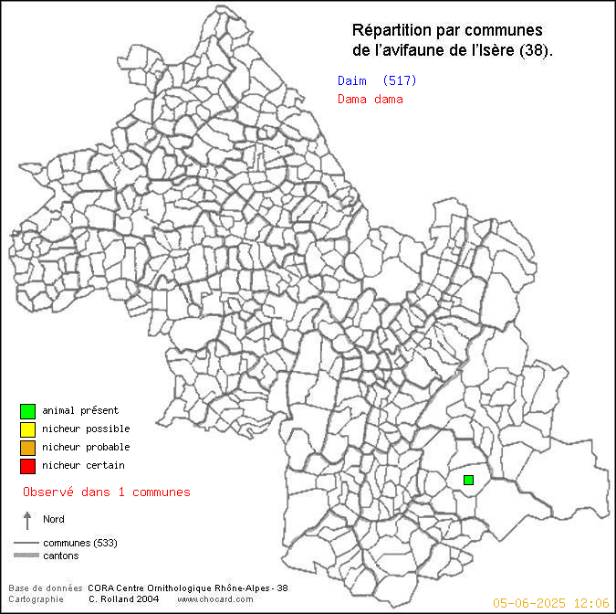 Carte de rpartition par communes en Isre d'une espce d'animal: Daim (Dama dama) selon Communes et cantons