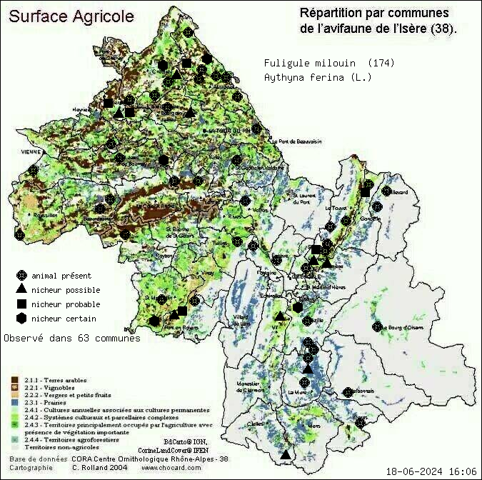 Carte de rpartition par communes en Isre d'une espce d'animal: Fuligule milouin (Aythyna ferina (L.)) selon Agriculture