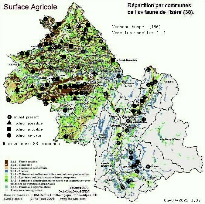 Vanneau hupp (Vanellus vanellus (L.)): carte de rpartition en Isre