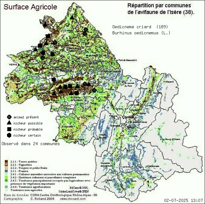 Oedicnme criard (Burhinus oedicnemus (L.)): carte de rpartition en Isre