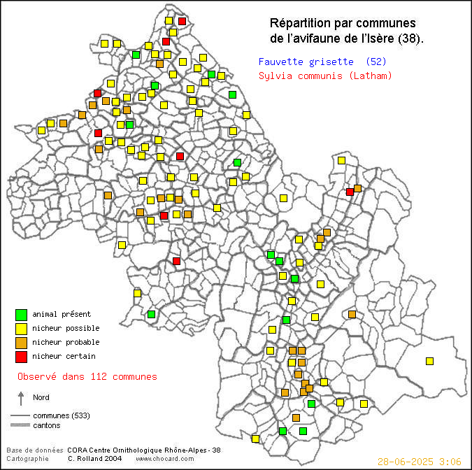 Fauvette grisette (Sylvia communis (Latham)): carte de rpartition en Isre