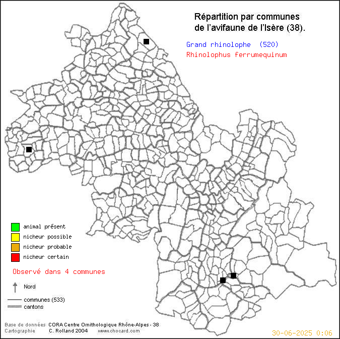 Carte de rpartition par communes en Isre d'une espce d'animal: Grand rhinolophe (Rhinolophus ferrumequinum) selon Communes et cantons