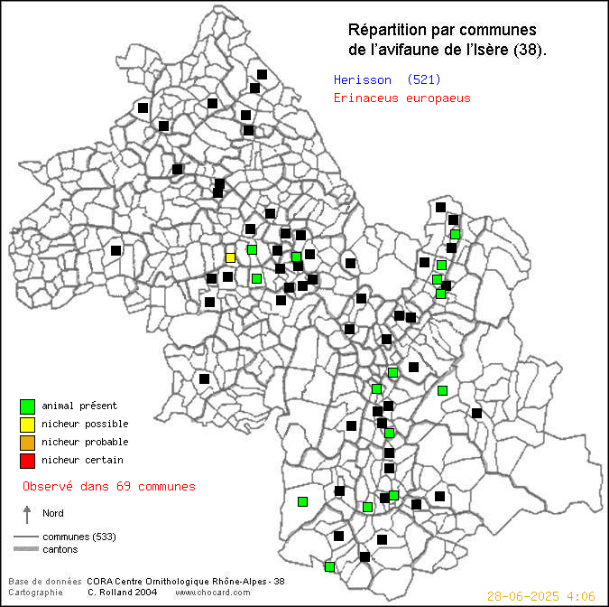Carte de rpartition par communes en Isre d'une espce d'animal: Hrisson (Erinaceus europaeus) selon Communes et cantons