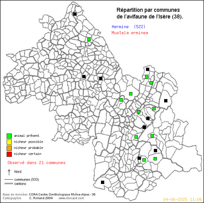 Hermine (Mustela erminea): carte de rpartition en Isre