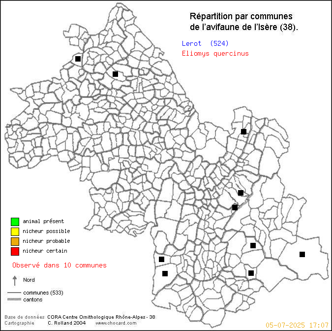 Carte de rpartition par communes en Isre d'une espce d'animal: Lrot (Eliomys quercinus) selon Communes et cantons