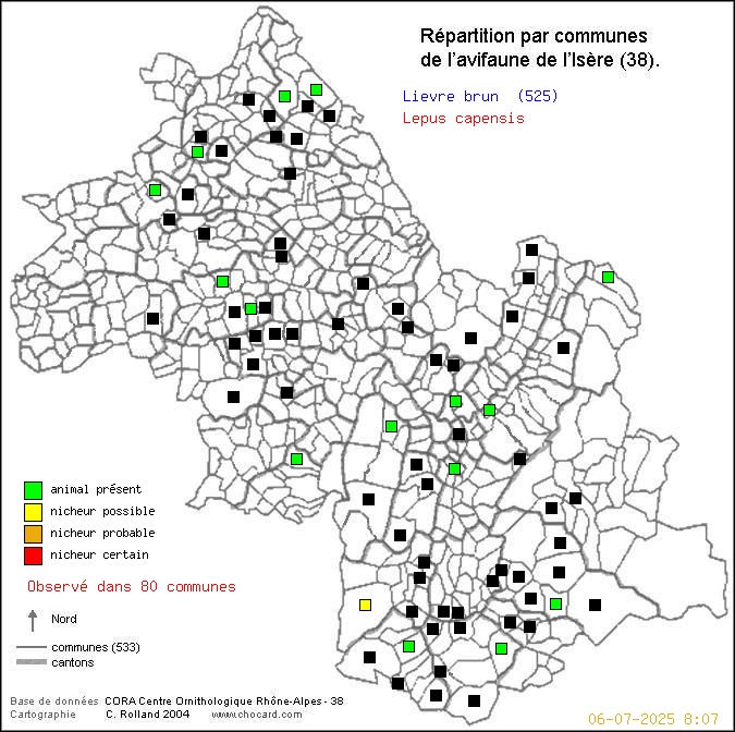 Carte de rpartition par communes en Isre d'une espce d'animal: Livre brun (Lepus capensis) selon Communes et cantons