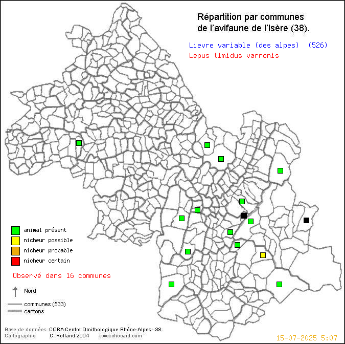 Livre variable (des alpes) (Lepus timidus varronis): carte de rpartition en Isre