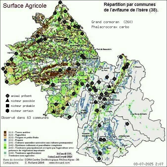 Carte de rpartition par communes en Isre d'une espce d'animal: Grand cormoran (Phalacrocorax carbo) selon Agriculture