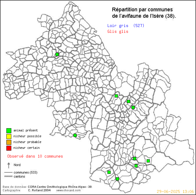 Carte de rpartition par communes en Isre d'une espce d'animal: Loir gris (Glis glis) selon Communes et cantons