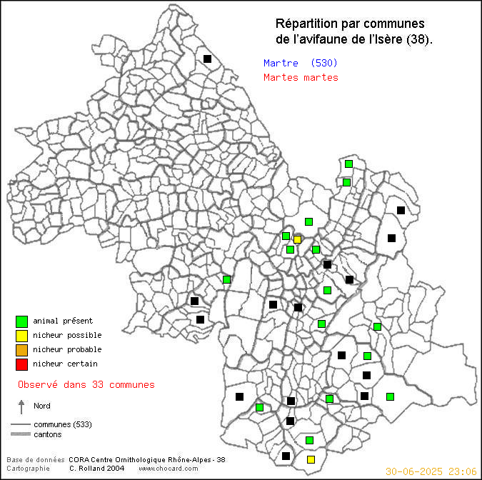 Carte de rpartition par communes en Isre d'une espce d'animal: Martre (Martes martes) selon Communes et cantons