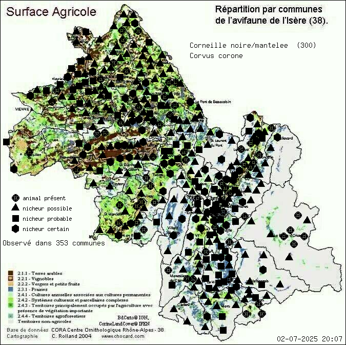 Carte de rpartition par communes en Isre d'une espce d'animal: Corneille noire/mantele (Corvus corone) selon Agriculture