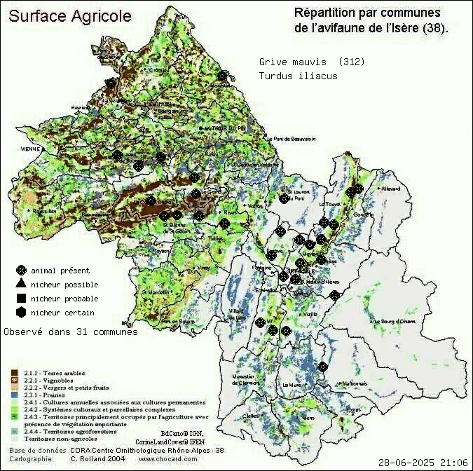 Carte de rpartition par communes en Isre d'une espce d'animal: Grive mauvis (Turdus iliacus) selon Agriculture