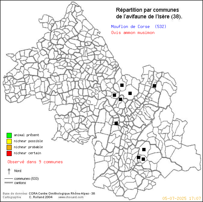 Carte de rpartition par communes en Isre d'une espce d'animal: Mouflon de Corse (Ovis ammon musimon) selon Communes et cantons