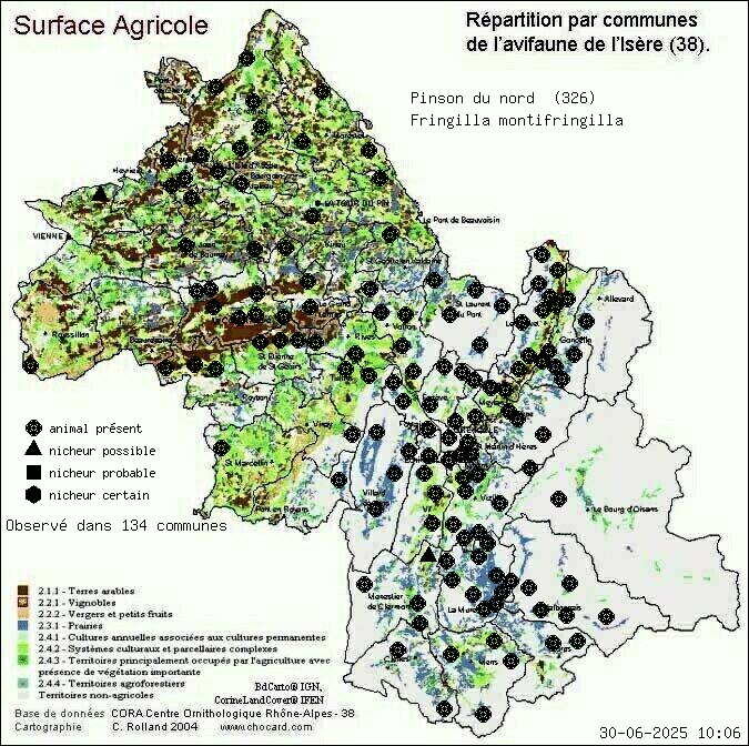 Pinson du nord (Fringilla montifringilla): carte de rpartition en Isre