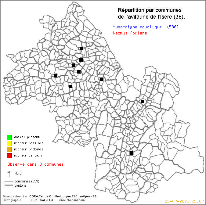 Carte de rpartition par communes en Isre d'une espce d'animal: Musaraigne aquatique (Neomys fodiens) selon Communes et cantons