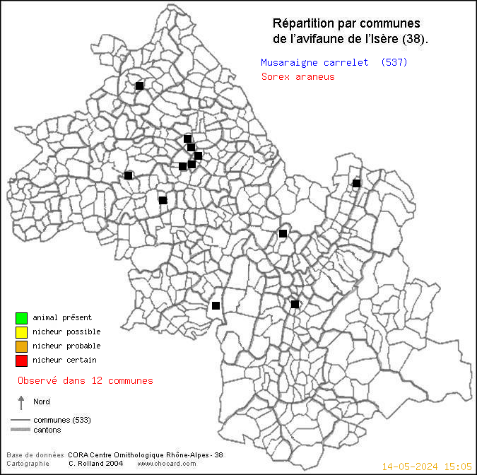 Carte de rpartition par communes en Isre d'une espce d'animal: Musaraigne carrelet (Sorex araneus) selon Communes et cantons