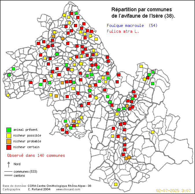 Carte de rpartition par communes en Isre d'une espce d'oiseau: Foulque macroule (Fulica atra L.) selon Communes et cantons