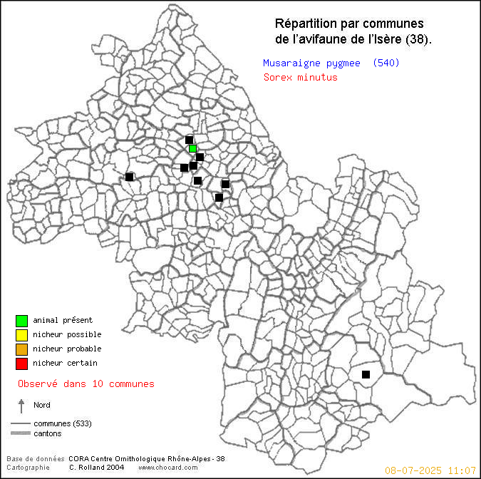 Carte de rpartition par communes en Isre d'une espce d'animal: Musaraigne pygme (Sorex minutus) selon Communes et cantons