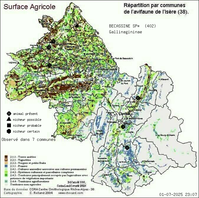 Carte de rpartition par communes en Isre d'une espce d'animal: BECASSINE SP* (Gallinagininae) selon Agriculture