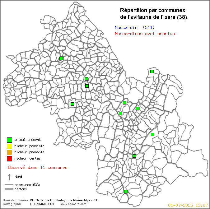 Carte de rpartition par communes en Isre d'une espce d'animal: Muscardin (Muscardinus avellanarius) selon Communes et cantons