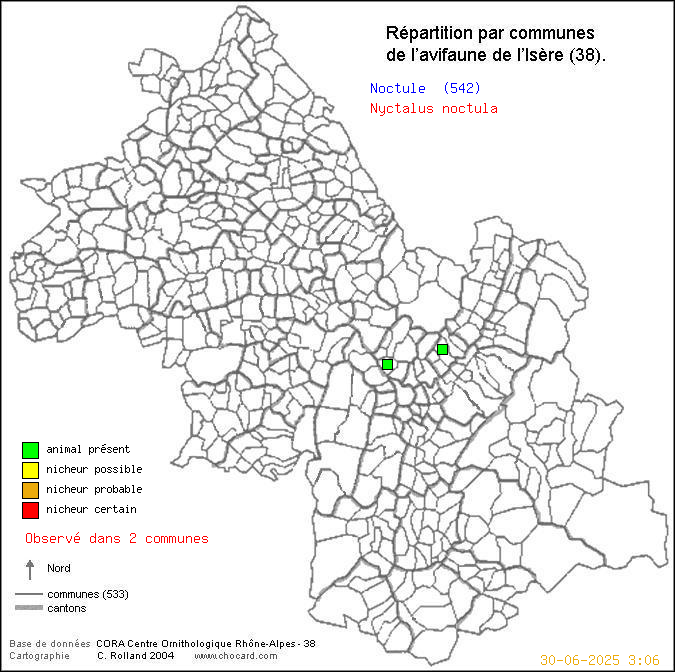 Carte de rpartition par communes en Isre d'une espce d'animal: Noctule (Nyctalus noctula) selon Communes et cantons