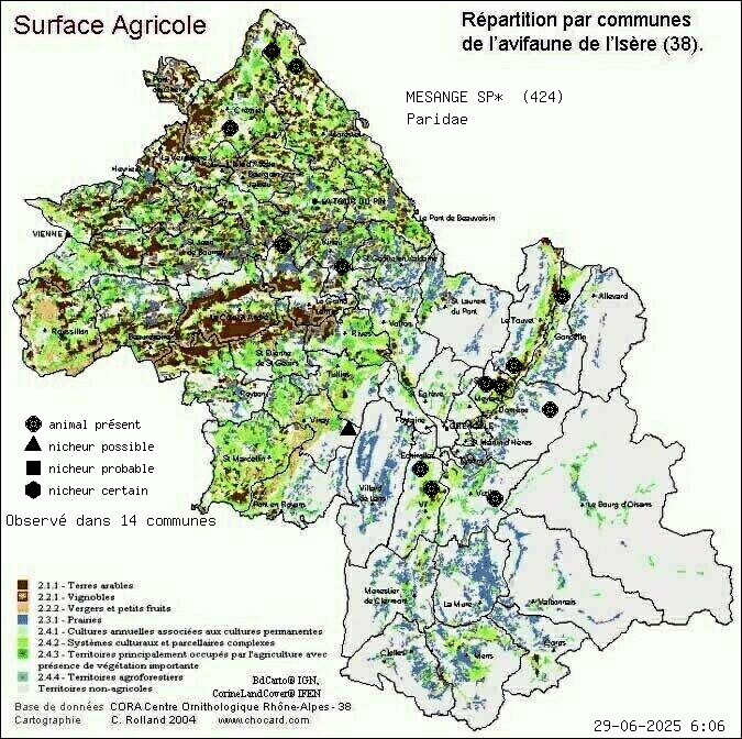 Carte de rpartition par communes en Isre d'une espce d'animal: MESANGE SP* (Paridae) selon Agriculture