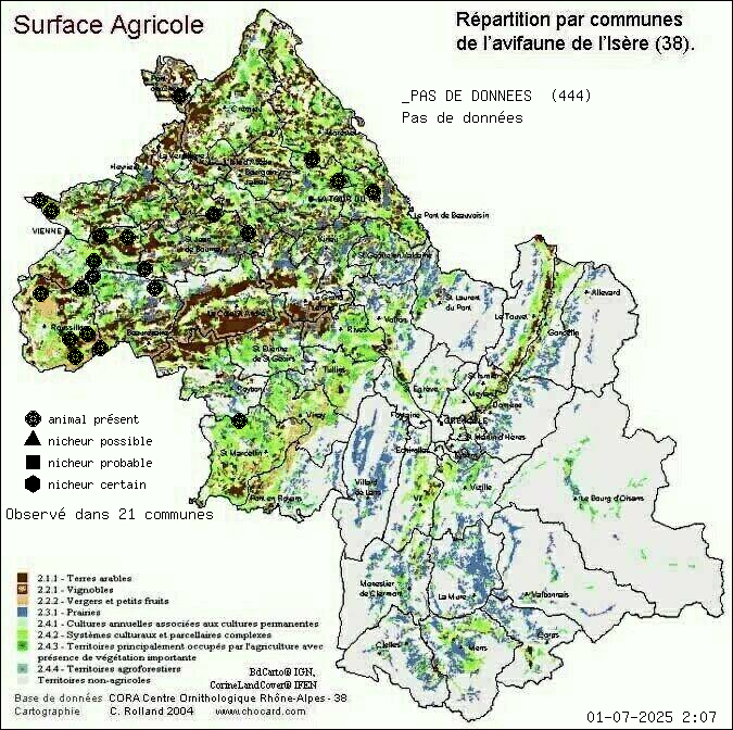 Carte de rpartition par communes en Isre d'une espce d'animal: _PAS DE DONNEES (Pas de donnes) selon Agriculture