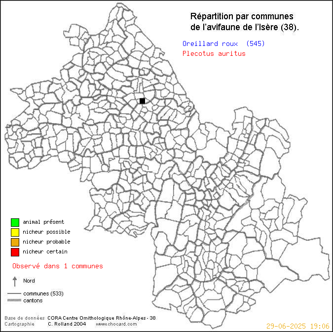 Carte de rpartition par communes en Isre d'une espce d'animal: Oreillard roux (Plecotus auritus) selon Communes et cantons