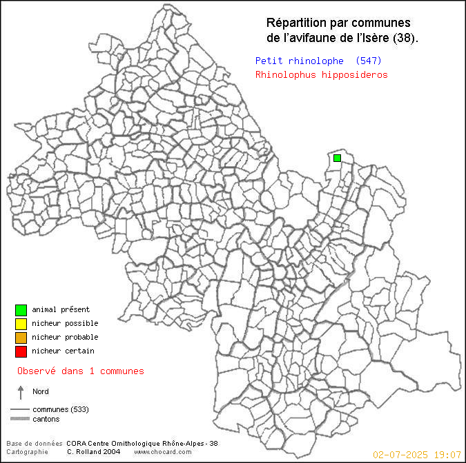 Carte de rpartition par communes en Isre d'une espce d'animal: Petit rhinolophe (Rhinolophus hipposideros) selon Communes et cantons