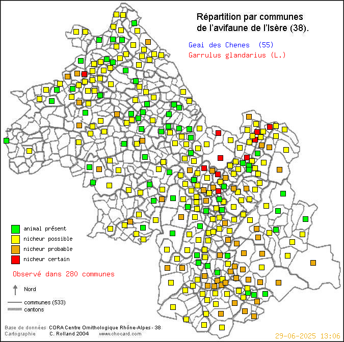 Geai des Chnes (Garrulus glandarius (L.)): carte de rpartition en Isre