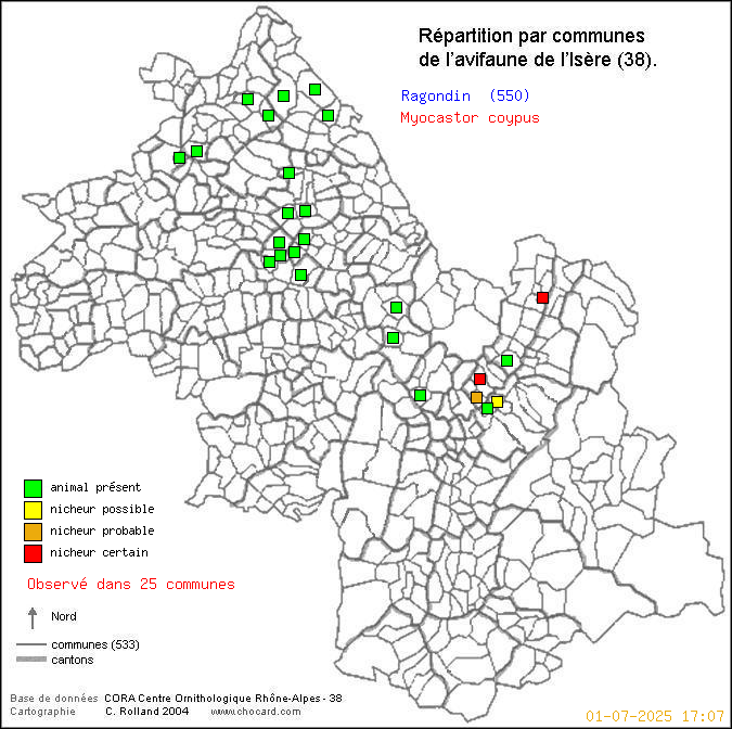 Carte de rpartition par communes en Isre d'une espce d'animal: Ragondin (Myocastor coypus) selon Communes et cantons