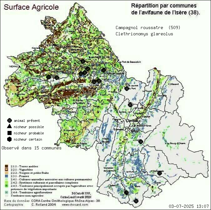 Carte de rpartition par communes en Isre d'une espce d'animal: Campagnol rousstre (Clethrionomys glareolus) selon Agriculture