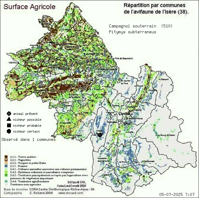 Carte de rpartition par communes en Isre d'une espce d'animal: Campagnol souterrain (Pitymys subterraneus) selon Agriculture