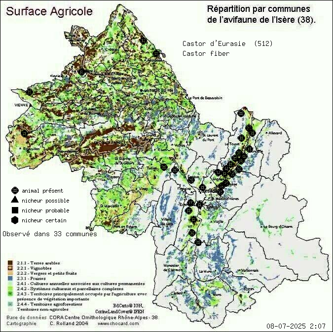 Castor d Eurasie (Castor fiber): carte de rpartition en Isre