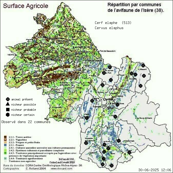 Cerf laphe (Cervus elaphus): carte de rpartition en Isre