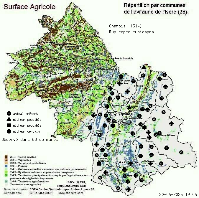 Carte de rpartition par communes en Isre d'une espce d'animal: Chamois (Rupicapra rupicapra) selon Agriculture