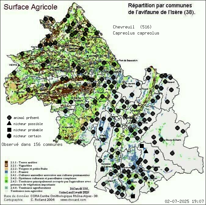 Chevreuil (Capreolus capreolus): carte de rpartition en Isre