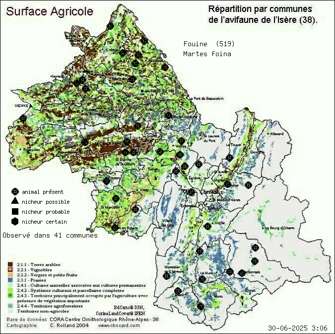Carte de rpartition par communes en Isre d'une espce d'animal: Fouine (Martes foina) selon Agriculture