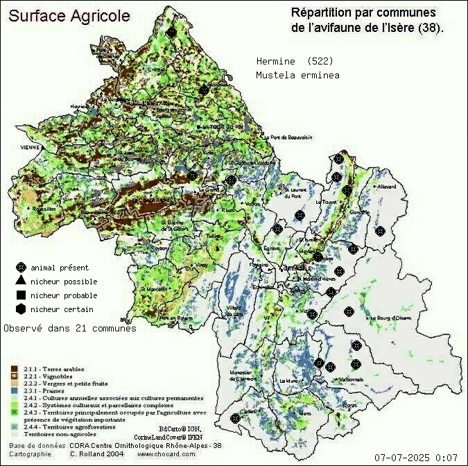 Hermine (Mustela erminea): carte de rpartition en Isre